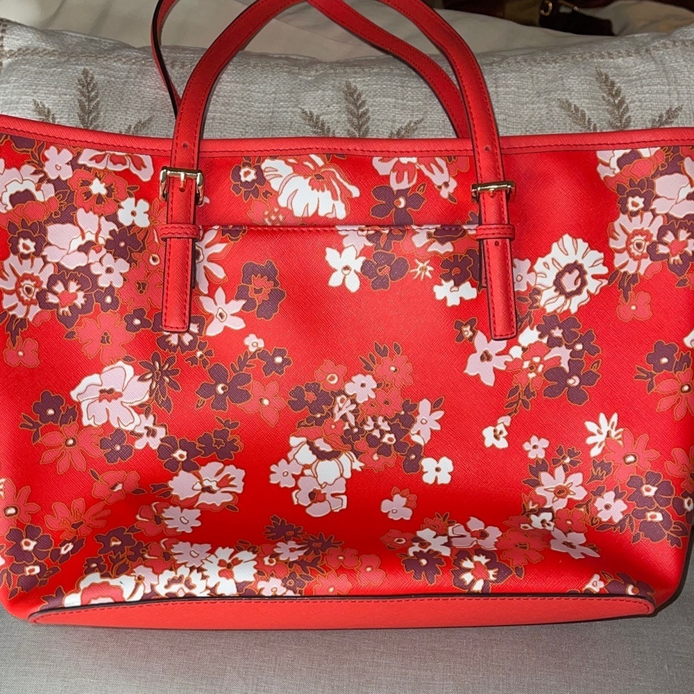 Michael Kors Red Floral Tote Bag Beautiful Michael Kors Coated Canvas Floral MK - Picture 4 of 7